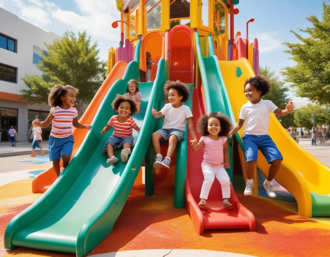 A vibrant playground scene filled with children engaging in diverse creative play activities, showcasing laughter, teamwork, and friendship. Include unique play structures like colorful slides, artistic murals, and children painting together. Capture a sense of joy, imagination, and camaraderie among various ethnic groups. Illumination from a bright sun adds warmth to the atmosphere. super-realistic. vibrant colors. white background.