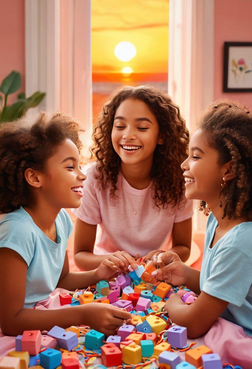 A collage of diverse adolescents engaged in various activities like playing, bonding and sharing secrets, symbolizing the transition from toys to deep emotional connections. Include elements like colorful toys fading into symbols of friendship, like hearts and chains, blending into a warm sunset background. The adolescents’ expressions should reflect joy, curiosity, and camaraderie, capturing the essence of youthful emotions. soft pastel colors. digital painting.